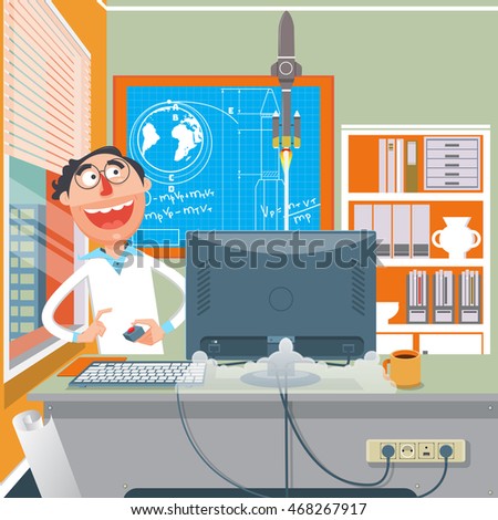 Scientist performing an experiment flat style. Cartoon colorful raster illustration