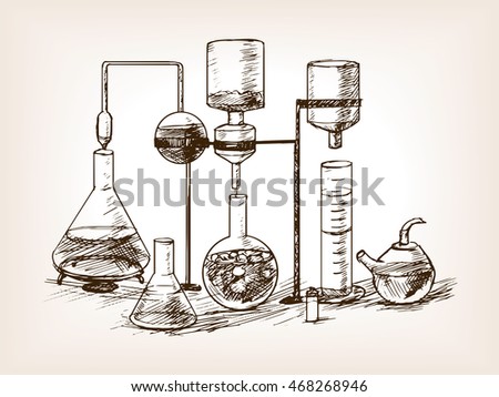 Chemical Laboratory still life sketch style raster illustration. Old hand drawn engraving imitation.