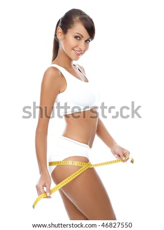 Young beautiful woman with measure tape on white Royalty-Free Stock Photo #46827550