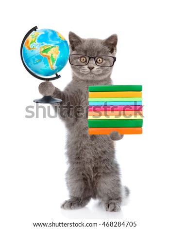Cat in eyeglasses standing on hind legs and holding books and globe. isolated on white background.