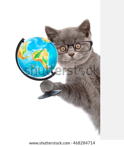 Kitten in glasses holding globe and peeking from behind empty board. isolated on white background.