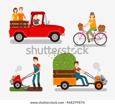 Farm icons set. Cartoon characters such as farmer, truck, bike, tillers, motor cultivator. Vector illustration