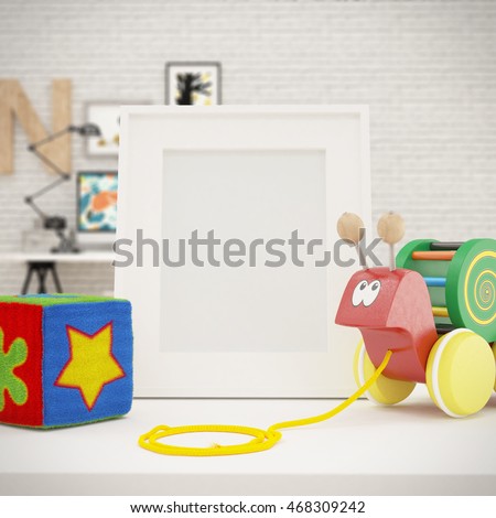 White Photo Frame Mock Up in Children Room, Vintage white wooden picture frame and Toys on a white table. Creative room full of toys, Mock Up Background, Children illustration, Kid