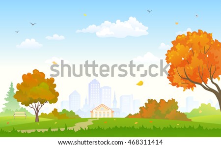 Vector cartoon illustration of a beautiful autumn city park background