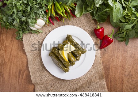 Sarma - Rice and mint wrapped in grape vine leaveson wood plate 