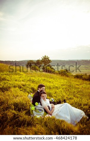 Thoughtful newlyweds rest on the field