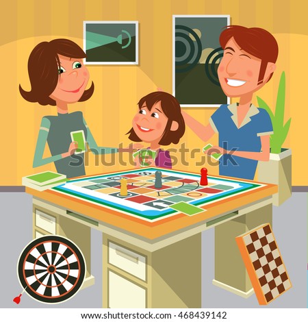Family playing a board game. Cartoon colorful vector illustration