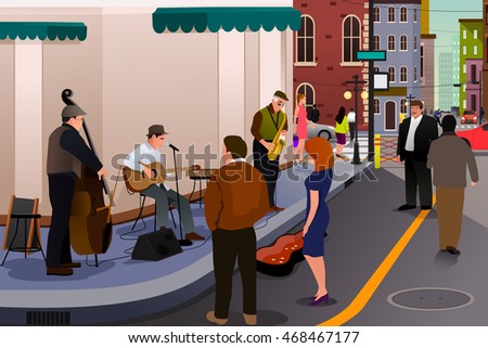 A vector illustration of jazz musician playing on the street in the city