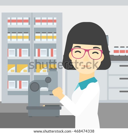 An asian female laboratory assistant working with microscope at the laboratory. Young scientist using a microscope in a laboratory. Vector flat design illustration. Square layout.