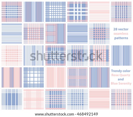 Set of line Vector seamless patterns.Pink, white and blue background. Trendy color Rose Quartz and blue serenity. Checkered, plaid, stripped patterns for boys and girls.
