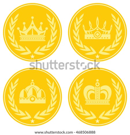 Yellow coin icons with crown on white background. Golden coin icon, vector illustration