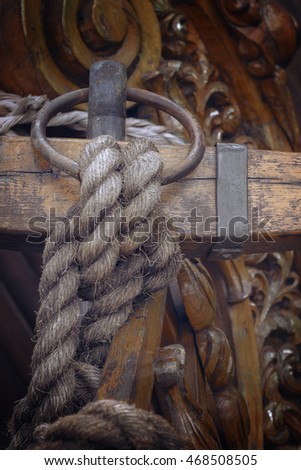 old ship rope on a wooden sailing ship