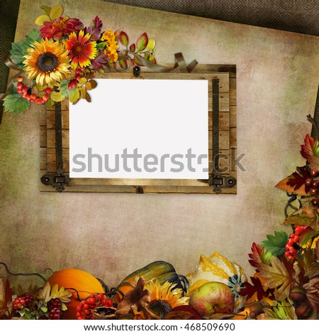 Vintage background with frame, flowers, leaves, berries and vegetables