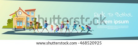 Schoolchildren Group Go Back To School Education Banner Flat Vector Illustration Royalty-Free Stock Photo #468520925