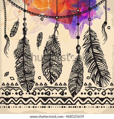 Vintage feathers ethnic pattern, tribal design, tattoo,  for fabric print, drawing on t-shirts. Background with feathers and leaves. watercolor ink.