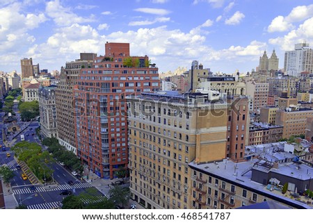 Closely packed buildings and City Skyline of Upper West Side of Manhattan, New York City