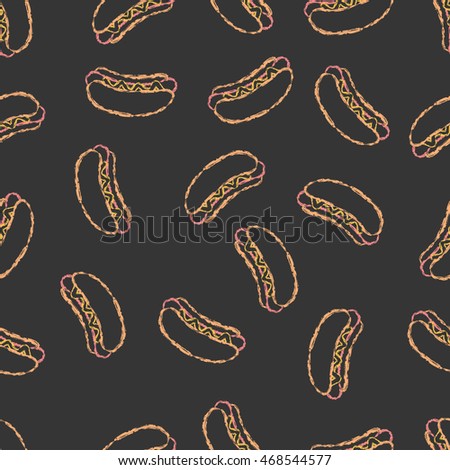 Vector seamless pattern hand drawn brush line color hot dog on black background