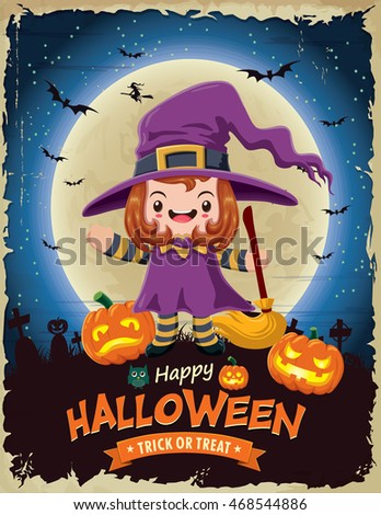 Vintage Halloween poster design with vector witch character.