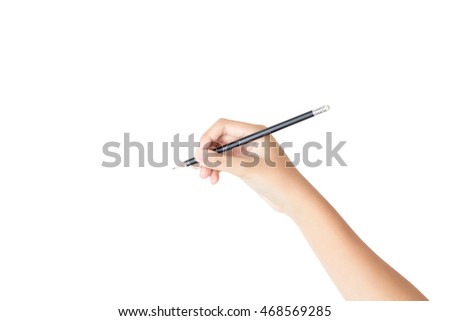 Female hand with pencil isolated on white background, clipping path inside