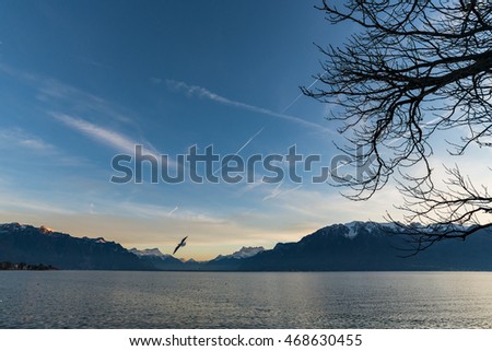 Evening lakeside sunrise to sunset at Switzerland .