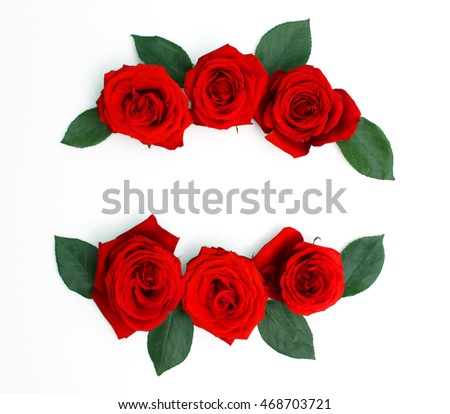frame of roses with green leaves isolated on white background Royalty-Free Stock Photo #468703721