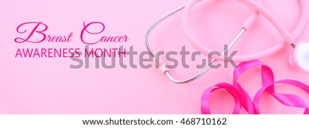 Pink Ribbon Charity background with ribbons and pink stethoscope on a pink wood table, sized to fit a popular social media cover image placeholder.