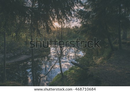 beautiful river in forest with reflections and trees on both sides of the stream - vintage film effect