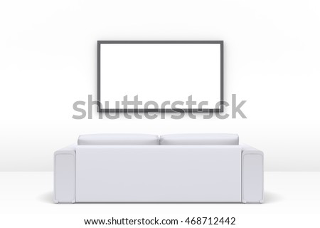 Sofa and TV on wall in corner of room. Front view. 3d render. Royalty-Free Stock Photo #468712442
