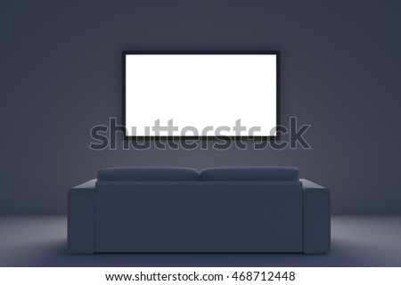 Sofa and TV on wall in corner of room. Front view. 3d render. Royalty-Free Stock Photo #468712448