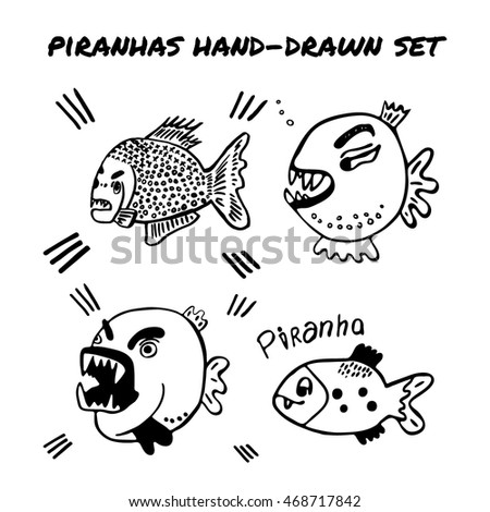 Hand-drawn piranhas set. Vector illustration on the white background. Angry predatory fish.