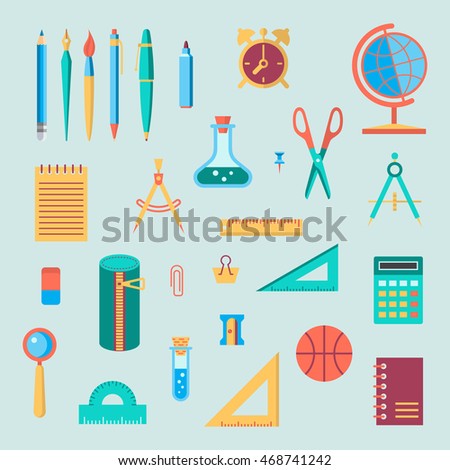 Back to school flat design modern color vector icon set. School supplies : schoolbook, notebook, pen, pencil, brush, scissors, ball, pencil case, globe, ruler etc.