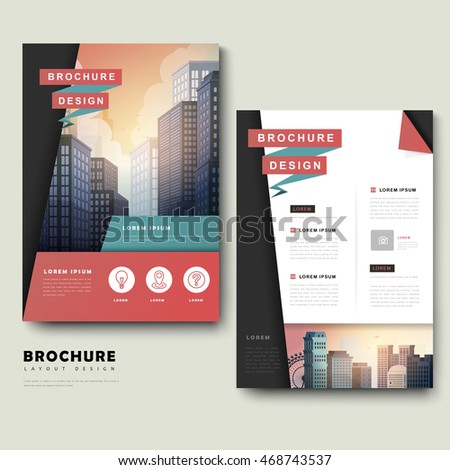 Trendy brochure template design with city landscape and geometric elements