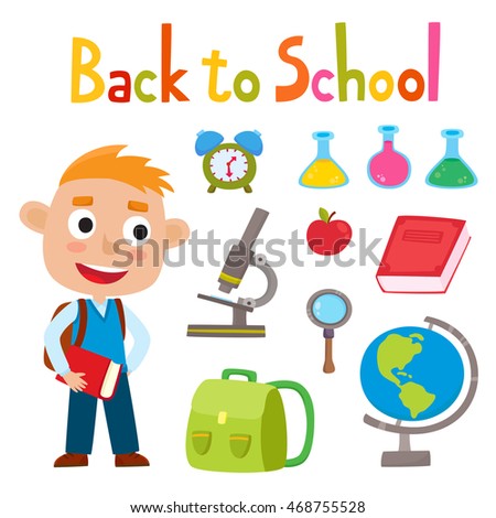 Back to school set with boy stand with book and school supplies: backpack, pencils, book, globe, glasses, scissors isolated on white. Design elements for child books, stickers, posters, web pages. 