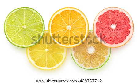 Slices of citrus fruits as symbol of healthy lifestyle isolated on white background with clipping path