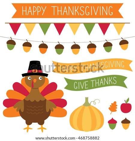 Thanksgiving vector set with a turkey, pumpkin and decoration