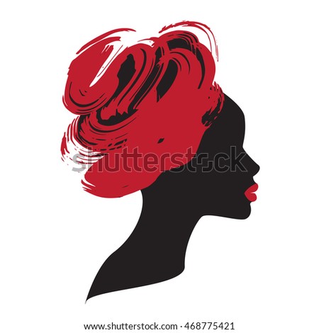 Profile of african woman with big hand drawn hair.  isolated on white background