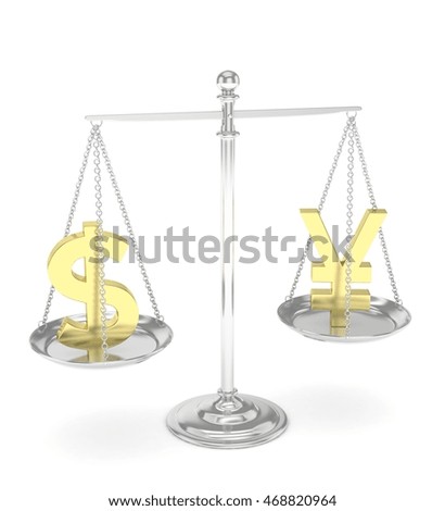 Isolated old fashioned pan scale with dollar and yuan,yen on white background. American and chinese and japanese currency. Currency equality. 3D rendering.
