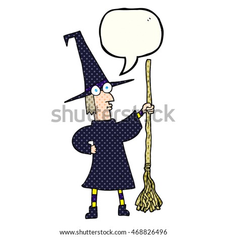 freehand drawn comic book speech bubble cartoon witch with broom