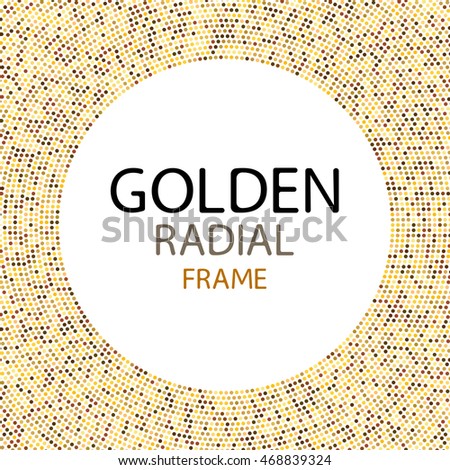  gold disco lights frame or spangles round frame with empty center for text. Gold circle made of tiny uneven dots abstract background. Golden blobs textured round frame on black backdrop