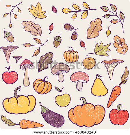 Set of  vector hand drawn cartoon icons. Autumn, Thanksgiving design template. Doodle objects.Clip art for design.