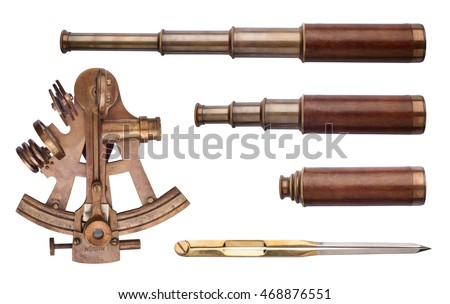 Sextant, telescope, divider isolated on white background. Vintage sea collection. Royalty-Free Stock Photo #468876551