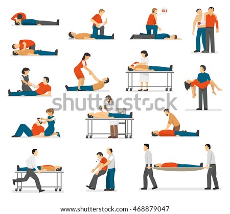 First aid emergency treatment and cpr technique in life threatening situations flat icons collection abstract isolated vector illustration   Royalty-Free Stock Photo #468879047
