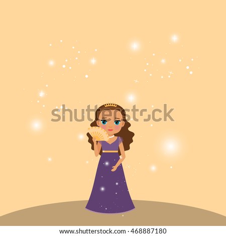 Beautiful cartoon princess with lights on the beige background. Vector illustration