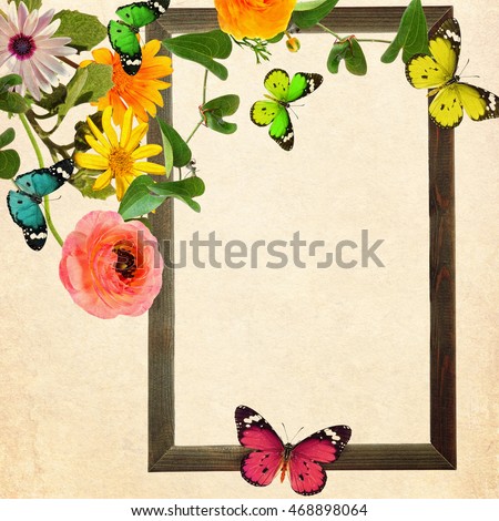 Colorful flowers and butterflies with blank wooden frame (copy space for photo, picture or text). Wildlife and art. Old paper texture background