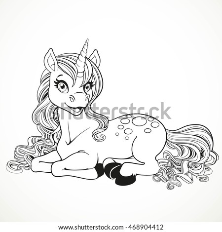 Beautiful magic unicorn lying on the floor outlined for coloring book isolated on a white background