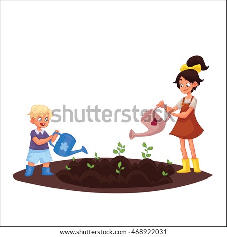 Kids watering plants in the garden, cartoon style vector illustration isolated on white background. Children, boy and girl, with watering pots gardening in spring