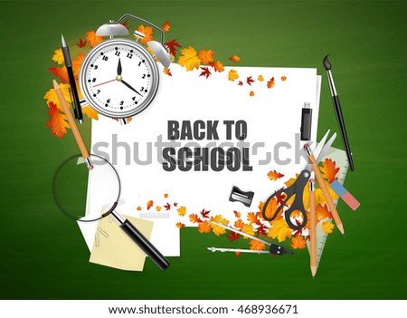 Back to school. Green desk with school supplies and autumn leaves. Vector.
