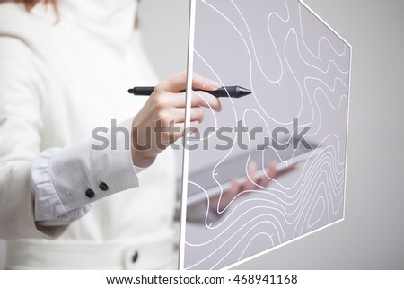 Geographic information systems concept, woman scientist working with futuristic GIS interface on a transparent screen. Royalty-Free Stock Photo #468941168