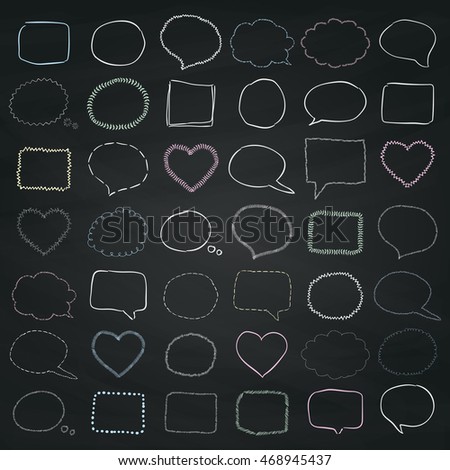 Big Set of Chalk Drawing Sketched Rustic Doodle Speech Bubbles and Banners, Frames and Borders on Chalkboard Texture. Outlined Vector Illustration.