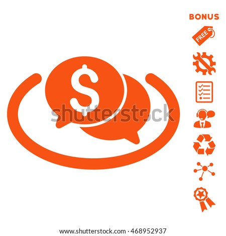 Financial Chat Area icon with bonus pictograms. Vector illustration style is flat iconic symbols, orange color, white background, rounded angles.